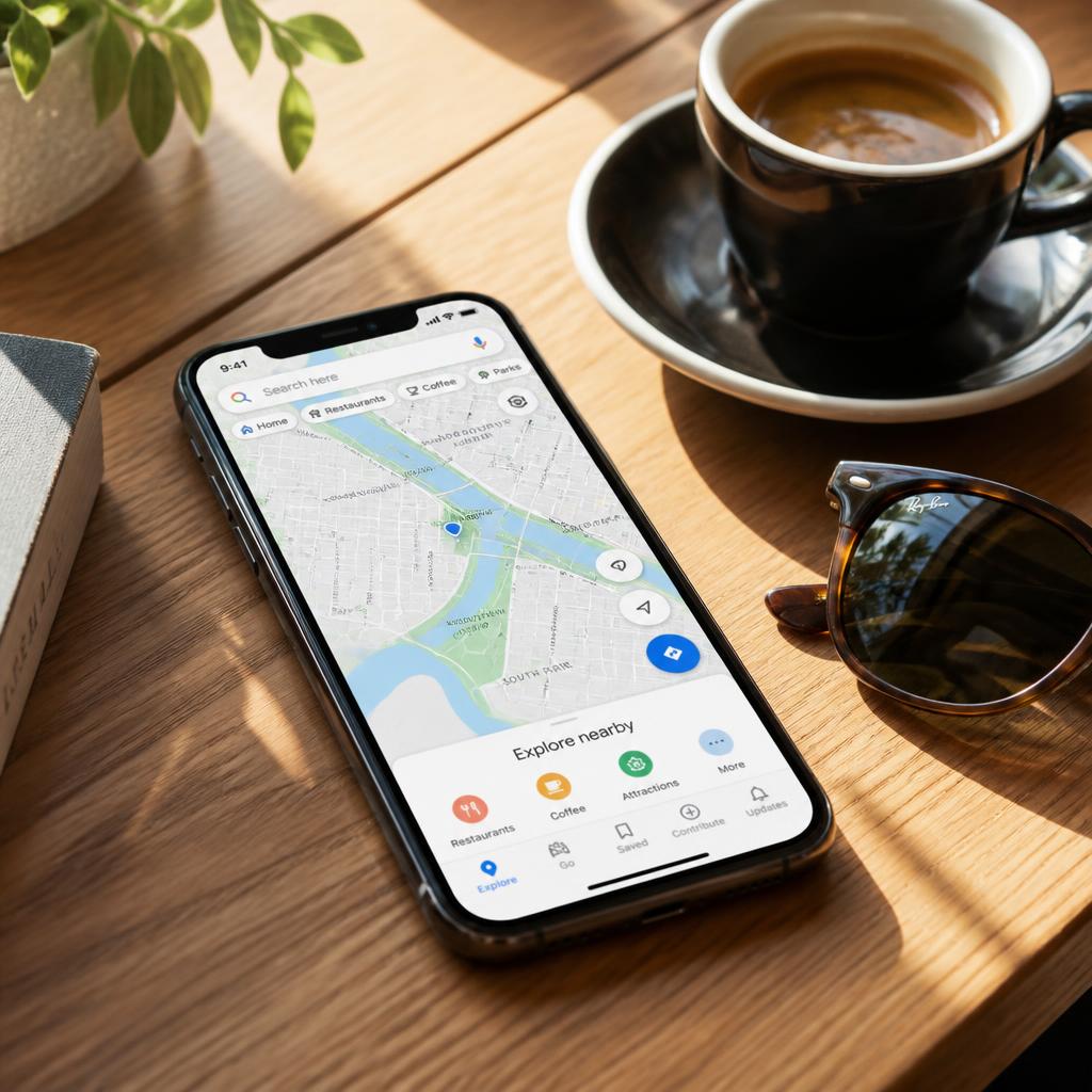 A modern smartphone showing a map application, resting on a sleek wooden table beside a pair of stylish sunglasses and an espresso cup, soft sunlight, bright modern aesthetic, no people