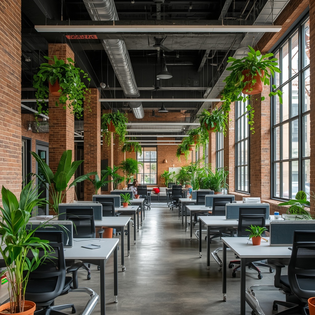 An interior view of a vibrant, modern coworking space with industrial design elements, exposed brick walls, lush green hanging plants, large bright windows, ergonomic desks, ultra high quality architecture photography, no people